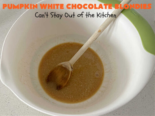 Pumpkin White Chocolate Blondies | Can't Stay Out of the Kitchen | these luscious #brownies include a #pumpkin base with #WhiteChocolateChips, #cinnamon, #nutmeg, #cloves, #ginger & #allspice. They're topped with a rich, decadent #icing on top. Perfect for #FallBaking, #tailgating, #Potlucks, #BackyardBarbecues or a #ChristmasCookieExchange. #cookies #chocolate #PumpkinWhiteChocolateBlondies