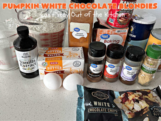 Pumpkin White Chocolate Blondies | Can't Stay Out of the Kitchen | these luscious #brownies include a #pumpkin base with #WhiteChocolateChips, #cinnamon, #nutmeg, #cloves, #ginger & #allspice. They're topped with a rich, decadent #icing on top. Perfect for #FallBaking, #tailgating, #Potlucks, #BackyardBarbecues or a #ChristmasCookieExchange. #cookies #chocolate #PumpkinWhiteChocolateBlondies