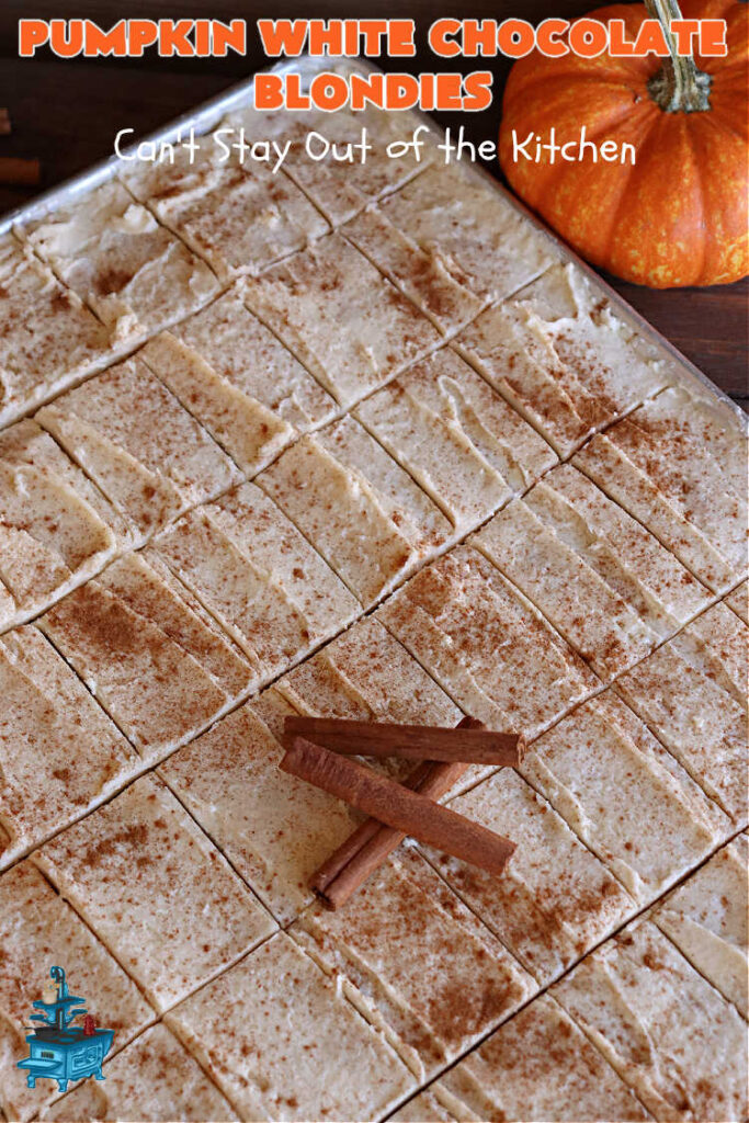 Pumpkin White Chocolate Blondies | Can't Stay Out of the Kitchen | these luscious #brownies include a #pumpkin base with #WhiteChocolateChips, #cinnamon, #nutmeg, #cloves, #ginger & #allspice. They're topped with a rich, decadent #icing on top. Perfect for #FallBaking, #tailgating, #Potlucks, #BackyardBarbecues or a #ChristmasCookieExchange. #cookies #chocolate #PumpkinWhiteChocolateBlondies