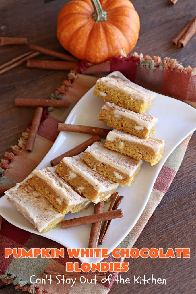 Pumpkin White Chocolate Blondies | Can't Stay Out of the Kitchen | these luscious #brownies include a #pumpkin base with #WhiteChocolateChips, #cinnamon, #nutmeg, #cloves, #ginger & #allspice. They're topped with a rich, decadent #icing on top. Perfect for #FallBaking, #tailgating, #Potlucks, #BackyardBarbecues or a #ChristmasCookieExchange. #cookies #chocolate #PumpkinWhiteChocolateBlondies