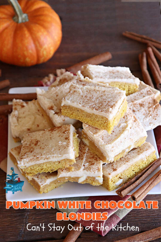Pumpkin White Chocolate Blondies | Can't Stay Out of the Kitchen | these luscious #brownies include a #pumpkin base with #WhiteChocolateChips, #cinnamon, #nutmeg, #cloves, #ginger & #allspice. They're topped with a rich, decadent #icing on top. Perfect for #FallBaking, #tailgating, #Potlucks, #BackyardBarbecues or a #ChristmasCookieExchange. #cookies #chocolate #PumpkinWhiteChocolateBlondies