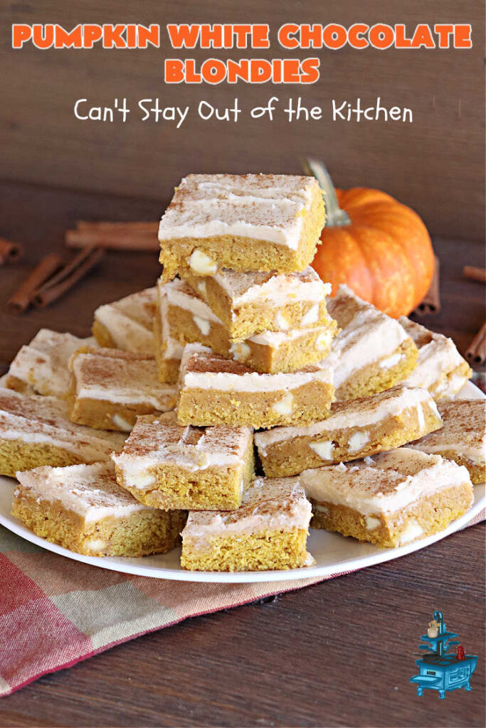Pumpkin White Chocolate Blondies | Can't Stay Out of the Kitchen | these luscious #brownies include a #pumpkin base with #WhiteChocolateChips, #cinnamon, #nutmeg, #cloves, #ginger & #allspice. They're topped with a rich, decadent #icing on top. Perfect for #FallBaking, #tailgating, #Potlucks, #BackyardBarbecues or a #ChristmasCookieExchange. #cookies #chocolate #PumpkinWhiteChocolateBlondies
