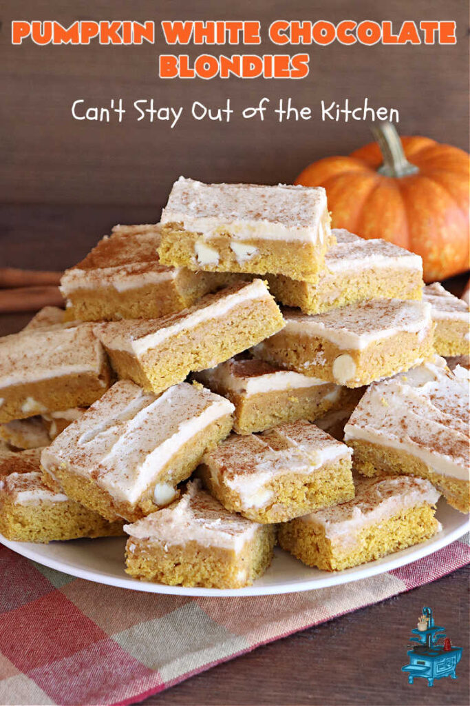 Pumpkin White Chocolate Blondies | Can't Stay Out of the Kitchen | these luscious #brownies include a #pumpkin base with #WhiteChocolateChips, #cinnamon, #nutmeg, #cloves, #ginger & #allspice. They're topped with a rich, decadent #icing on top. Perfect for #FallBaking, #tailgating, #Potlucks, #BackyardBarbecues or a #ChristmasCookieExchange. #cookies #chocolate #PumpkinWhiteChocolateBlondies