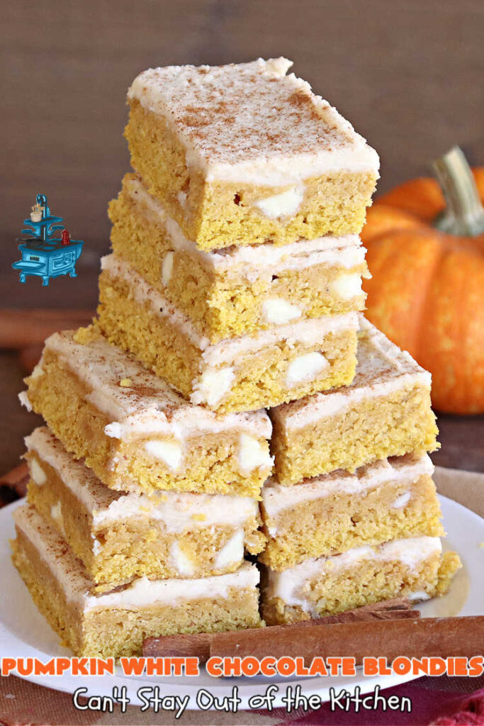 Pumpkin White Chocolate Blondies | Can't Stay Out of the Kitchen | these luscious #brownies include a #pumpkin base with #WhiteChocolateChips, #cinnamon, #nutmeg, #cloves, #ginger & #allspice. They're topped with a rich, decadent #icing on top. Perfect for #FallBaking, #tailgating, #Potlucks, #BackyardBarbecues or a #ChristmasCookieExchange. #cookies #chocolate #PumpkinWhiteChocolateBlondies