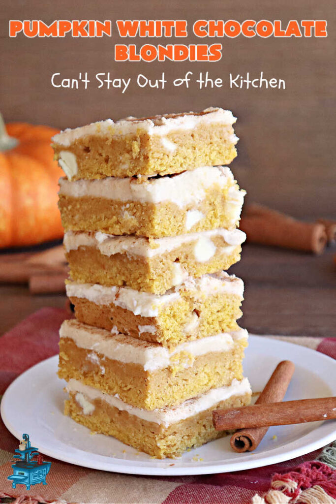 Pumpkin White Chocolate Blondies | Can't Stay Out of the Kitchen | these luscious #brownies include a #pumpkin base with #WhiteChocolateChips, #cinnamon, #nutmeg, #cloves, #ginger & #allspice. They're topped with a rich, decadent #icing on top. Perfect for #FallBaking, #tailgating, #Potlucks, #BackyardBarbecues or a #ChristmasCookieExchange. #cookies #chocolate #PumpkinWhiteChocolateBlondies