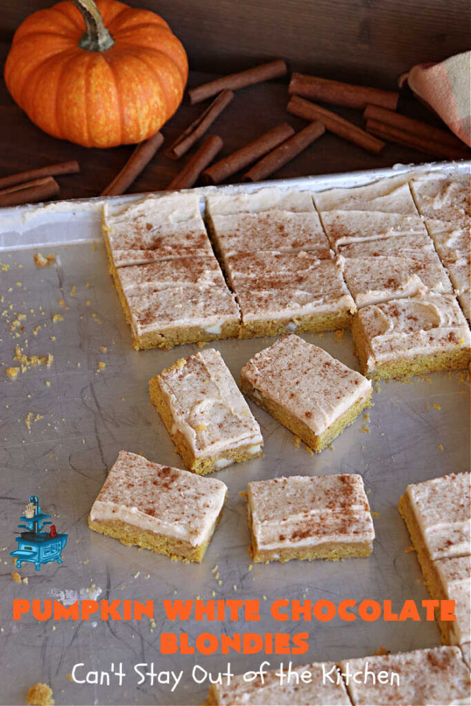 Pumpkin White Chocolate Blondies | Can't Stay Out of the Kitchen | these luscious #brownies include a #pumpkin base with #WhiteChocolateChips, #cinnamon, #nutmeg, #cloves, #ginger & #allspice. They're topped with a rich, decadent #icing on top. Perfect for #FallBaking, #tailgating, #Potlucks, #BackyardBarbecues or a #ChristmasCookieExchange. #cookies #chocolate #PumpkinWhiteChocolateBlondies
