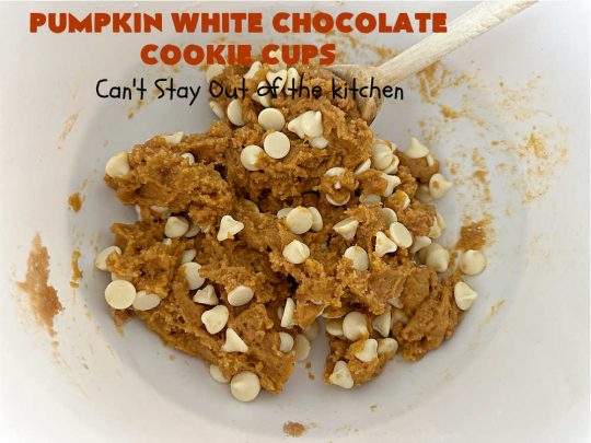 Pumpkin White Chocolate Cookie Cups | Can't Stay Out of the Kitchen | these delicious #CookieCups use only 5 ingredients including a #pumpkin #CookieMix. Real #WhiteChocolateChips add great flavor & texture. This easy #recipe is terrific for #FallBaking or #Christmas #holiday fun. Made in #MiniatureMuffinTins, these #cookies are a #dessert your family won't soon forget. Irresistible! #Chocolate #PumpkinWhiteChocolateCookieCups