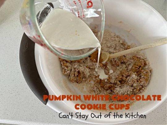 Pumpkin White Chocolate Cookie Cups | Can't Stay Out of the Kitchen | these delicious #CookieCups use only 5 ingredients including a #pumpkin #CookieMix. Real #WhiteChocolateChips add great flavor & texture. This easy #recipe is terrific for #FallBaking or #Christmas #holiday fun. Made in #MiniatureMuffinTins, these #cookies are a #dessert your family won't soon forget. Irresistible! #Chocolate #PumpkinWhiteChocolateCookieCups