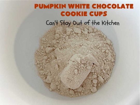 Pumpkin White Chocolate Cookie Cups | Can't Stay Out of the Kitchen | these delicious #CookieCups use only 5 ingredients including a #pumpkin #CookieMix. Real #WhiteChocolateChips add great flavor & texture. This easy #recipe is terrific for #FallBaking or #Christmas #holiday fun. Made in #MiniatureMuffinTins, these #cookies are a #dessert your family won't soon forget. Irresistible! #Chocolate #PumpkinWhiteChocolateCookieCups