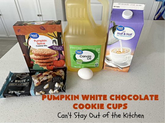 Pumpkin White Chocolate Cookie Cups | Can't Stay Out of the Kitchen | these delicious #CookieCups use only 5 ingredients including a #pumpkin #CookieMix. Real #WhiteChocolateChips add great flavor & texture. This easy #recipe is terrific for #FallBaking or #Christmas #holiday fun. Made in #MiniatureMuffinTins, these #cookies are a #dessert your family won't soon forget. Irresistible! #Chocolate #PumpkinWhiteChocolateCookieCups