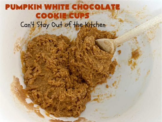 Pumpkin White Chocolate Cookie Cups | Can't Stay Out of the Kitchen | these delicious #CookieCups use only 5 ingredients including a #pumpkin #CookieMix. Real #WhiteChocolateChips add great flavor & texture. This easy #recipe is terrific for #FallBaking or #Christmas #holiday fun. Made in #MiniatureMuffinTins, these #cookies are a #dessert your family won't soon forget. Irresistible! #Chocolate #PumpkinWhiteChocolateCookieCups