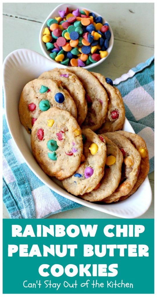 Rainbow Chip Peanut Butter Cookies | Can't Stay Out of the Kitchen | these fantastic #PeanutButterCookies include the addition of #RainbowChips for an amped up flavor to die for! #cookie #PeanutButter #ChristmasCookieExchange #dessert #Holiday #HolidayDessert #PeanutButterDessert #RainbowChipPeanutButterCookies
