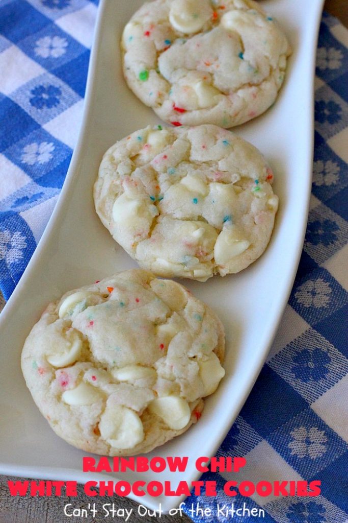Rainbow Chip White Chocolate Cookies | Can't Stay Out of the Kitchen | these luscious 4-ingredient #cookies start with a #RainbowChipCakeMix so they're incredibly easy. #WhiteChocolateChips bump up the flavor and texture. They're perfect for birthday parties or any kind of kid-friendly function. You and your kids will enjoy every bite! #dessert #chocolate #Funfetti #RainbowChips #RainbowSprinkles #RainbowSprinkleDessert #ChocolateDessert #tailgating #holiday #BirthdayParties #HolidayBaking