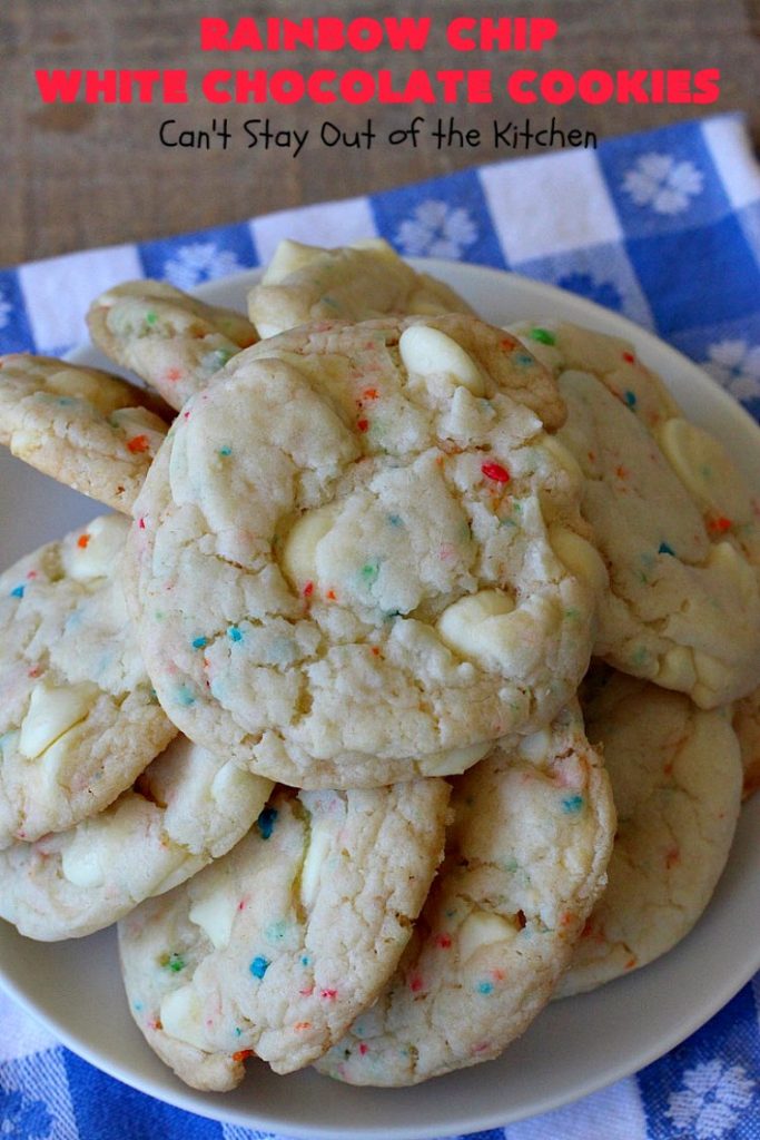 Rainbow Chip White Chocolate Cookies | Can't Stay Out of the Kitchen | these luscious 4-ingredient #cookies start with a #RainbowChipCakeMix so they're incredibly easy. #WhiteChocolateChips bump up the flavor and texture. They're perfect for birthday parties or any kind of kid-friendly function. You and your kids will enjoy every bite! #dessert #chocolate #Funfetti #RainbowChips #RainbowSprinkles #RainbowSprinkleDessert #ChocolateDessert #tailgating #holiday #BirthdayParties #HolidayBaking