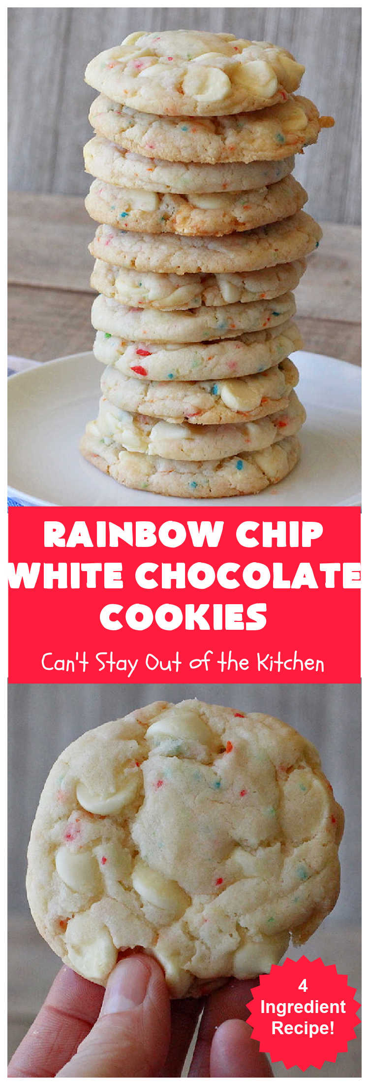 Rainbow Chip White Chocolate Cookies | Can't Stay Out of the Kitchen | these luscious 4-ingredient #cookies start with a #RainbowChipCakeMix so they're incredibly easy. #WhiteChocolateChips bump up the flavor and texture. They're perfect for birthday parties or any kind of kid-friendly function. You and your kids will enjoy every bite! #dessert #chocolate #Funfetti #RainbowChips #RainbowSprinkles #RainbowSprinkleDessert #ChocolateDessert #tailgating #holiday #BirthdayParties #HolidayBaking #WhiteChocolate #RainbowChipWhiteChocolateCookies