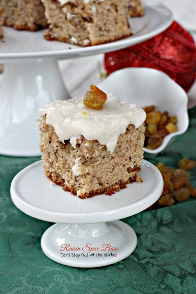 Raisin Spice Bars | Can't Stay Out of the Kitchen | these lovely #spice bars are cake-type #cookies filled with golden #raisins, #walnuts, cinnamon and nutmeg. Then they're iced with a #lemon #buttercream frosting. #dessert