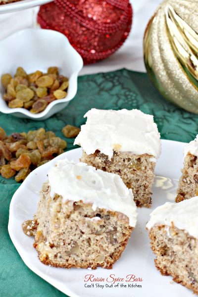 Raisin Spice Bars | Can't Stay Out of the Kitchen | these lovely #spice bars are cake-type #cookies filled with golden #raisins, #walnuts, cinnamon and nutmeg. Then they're iced with a #lemon #buttercream frosting. #dessert