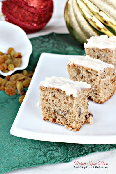 Raisin Spice Bars | Can't Stay Out of the Kitchen | these lovely #spice bars are cake-type #cookies filled with golden #raisins, #walnuts, cinnamon and nutmeg. Then they're iced with a #lemon #buttercream frosting. #dessert