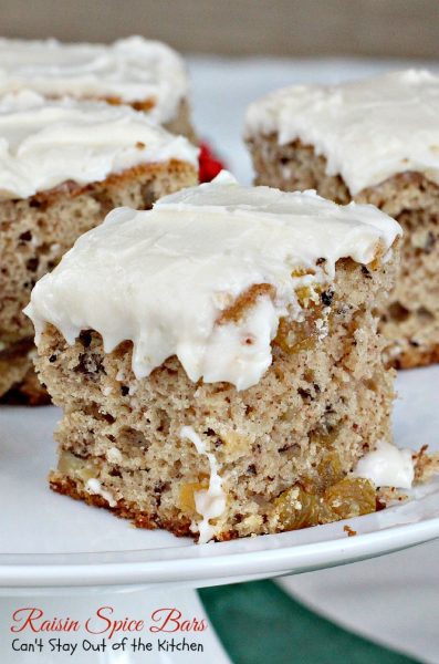 Raisin Spice Bars | Can't Stay Out of the Kitchen | these lovely #spice bars are cake-type #cookies filled with golden #raisins, #walnuts, cinnamon and nutmeg. Then they're iced with a #lemon #buttercream frosting. #dessert