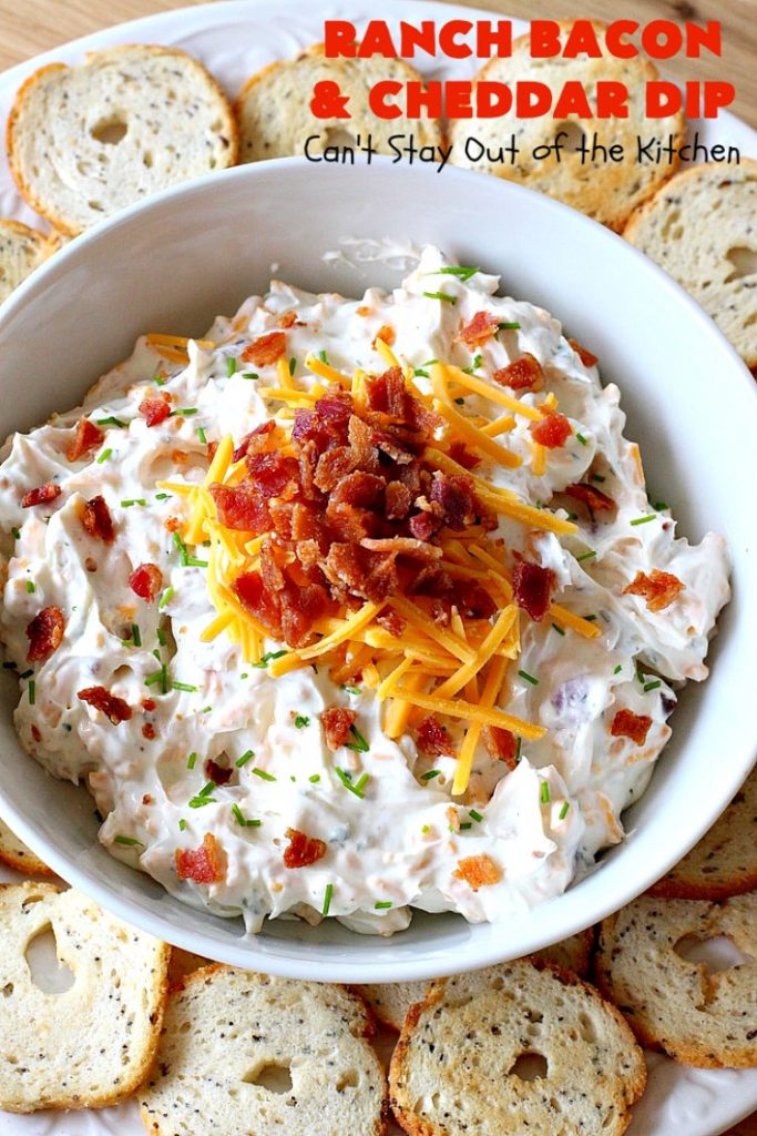 Ranch Bacon and Cheddar Dip | Can't Stay Out of the Kitchen | this is a fantastic 4-ingredient #recipe that will knock your socks off! Dry #RanchDressingMix adds so much flavor. #Bacon & #CheddarCheese make everything better! Terrific for #Tailgating parties, potlucks or backyard BBQs. #appetizer #TailgatingAppetizer #GlutenFree #GlutenFreeAppetizer #EasyAppetizer #4IngredientAppetizer