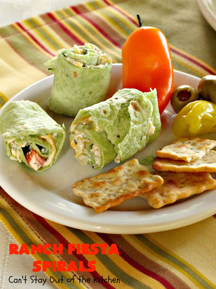 Ranch Fiesta Spirals | Can't Stay Out of the Kitchen | these fantastic #TexMex #appetizers are perfect for #tailgating, #NewYearsEve or #SuperBowl parties. They're filled with green #chilies, #olives, #cheese & bell peppers in a delicious #Ranch dressing cream cheese mix.