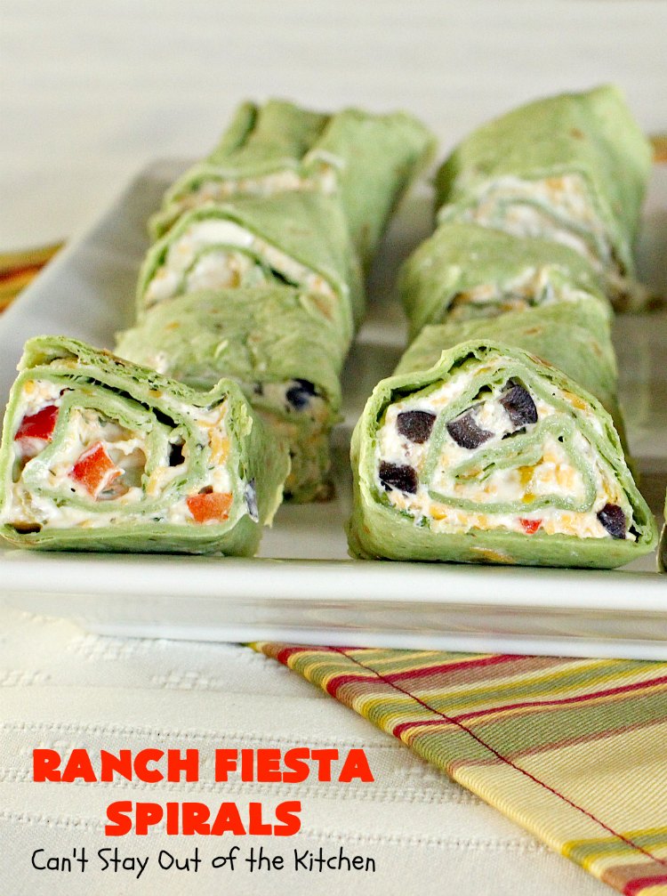Ranch Fiesta Spirals | Can't Stay Out of the Kitchen | these fantastic #TexMex #appetizers are perfect for #tailgating, #NewYearsEve or #SuperBowl parties. They're filled with green #chilies, #olives, #cheese & bell peppers in a delicious #Ranch dressing cream cheese mix.