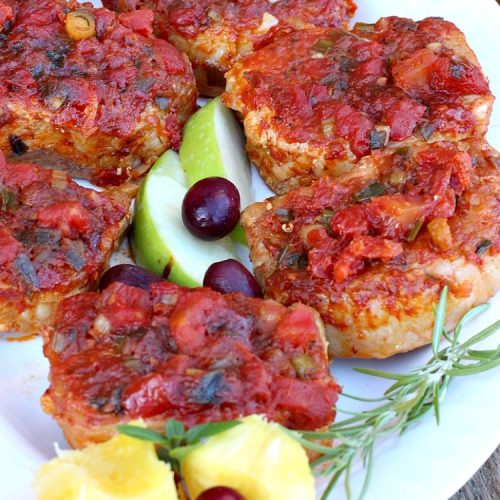 Ranch Pork Chops | These fantastic #PorkChops are made with #ChiliSauce, #RanchDressingMix, #tomatoes with green #chilies, green onions & garlic. They are absolutely mouthwatering & a terrific #pork entree for family or company dinners. #RanchPorkChops