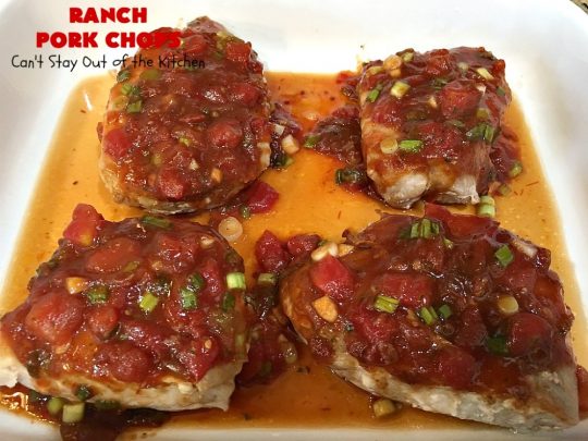 Ranch Pork Chops | These fantastic #PorkChops are made with #ChiliSauce, #RanchDressingMix, #tomatoes with green #chilies, green onions & garlic. They are absolutely mouthwatering & a terrific #pork entree for family or company dinners. #RanchPorkChops