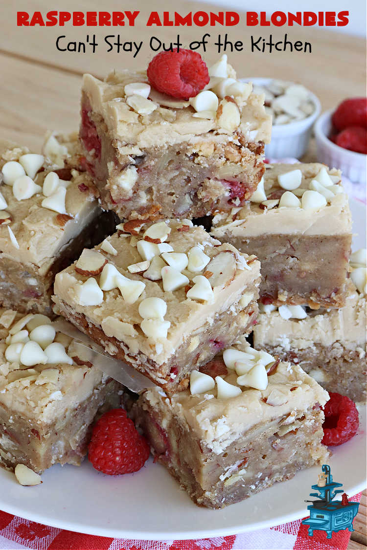 Raspberry Almond Blondies | Can't Stay Out of the Kitchen | indulge yourself with these festive, beautiful & elegant #cookies for the #holidays this year. They're incredibly rich, decadent & swoon-worthy! They're chocked full of #raspberries, #almonds & #VanillaChips. Every bite will rock your world! #brownies #dessert #RaspberryDessert #HolidayDessert #Christmas #Thanksgiving #ChristmasCookieExchange