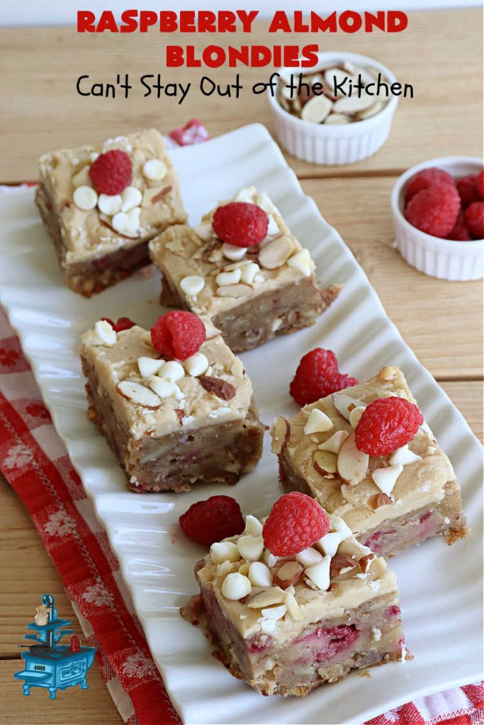 Raspberry Almond Blondies | Can't Stay Out of the Kitchen | indulge yourself with these festive, beautiful & elegant #cookies for the #holidays this year. They're incredibly rich, decadent & swoon-worthy! They're chocked full of #raspberries, #almonds & #VanillaChips. Every bite will rock your world! #brownies #dessert #RaspberryDessert #HolidayDessert #Christmas #Thanksgiving #ChristmasCookieExchange