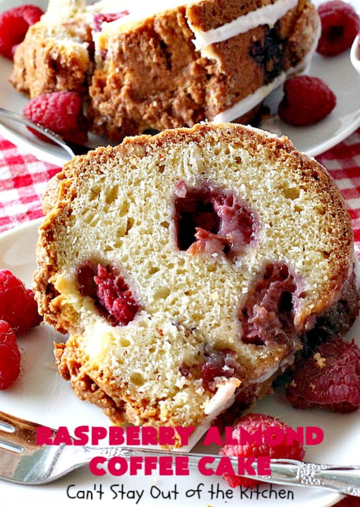 Raspberry Almond Coffee Cake | Can't Stay Out of the Kitchen | this fabulous #coffeecake is made with fresh #raspberries & has an #almond streusel filling. Terrific for a #holiday #breakfast like #MothersDay or #FathersDay. Also great served as a #dessert! #cake