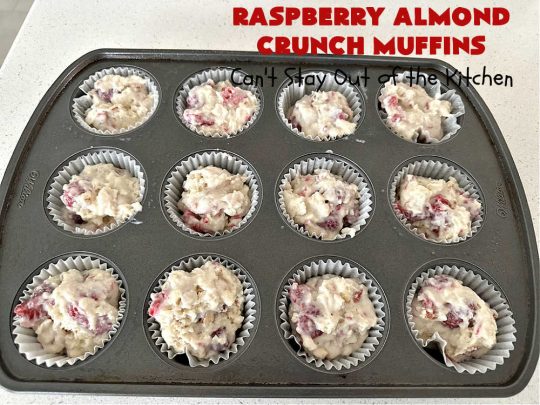 Raspberry Almond Crunch Muffins | Can't Stay Out of the Kitchen | These #SugarFree, #GlutenFree #muffins are filled with #raspberries, #almonds & include a delightful #streusel topping with #oatmeal. Marvelous for a weekend or #holiday #breakfast or #brunch & wonderful for your #Celiac or #Diabetic friends or family. Can also make with regular flour & sugar. #RaspberryAlmondCrunchMuffins #RaspberryMuffins #BreakfastMuffins #SugarFreeMuffins #GlutenFreeMuffins