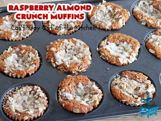 Raspberry Almond Crunch Muffins | Can't Stay Out of the Kitchen | These #SugarFree, #GlutenFree #muffins are filled with #raspberries, #almonds & include a delightful #streusel topping with #oatmeal. Marvelous for a weekend or #holiday #breakfast or #brunch & wonderful for your #Celiac or #Diabetic friends or family. Can also make with regular flour & sugar. #RaspberryAlmondCrunchMuffins #RaspberryMuffins #BreakfastMuffins #SugarFreeMuffins #GlutenFreeMuffins