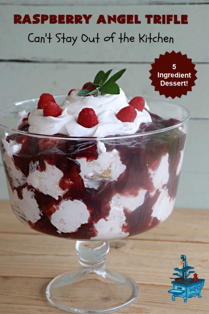 Raspberry Angel Trifle | Can't Stay Out of the Kitchen | this fantastic #RaspberryDessert will knock your socks off! It uses only 5 ingredients & can be whipped up in about 10 minutes. It's a festive, elegant Trifle #dessert that's excellent for #Christmas, #ValentinesDay, or other special occasions. Everyone will rave over it. #AngelFoodCake #CreamCheese #RaspberryPieFilling #RaspberryTrifleDessert #raspberries #RaspberryAngelTrifle