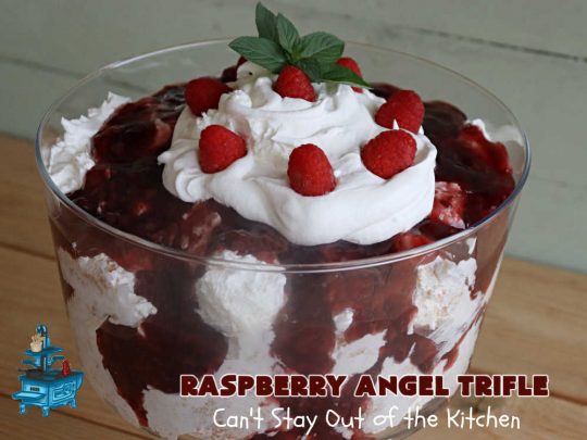 Raspberry Angel Trifle | Can't Stay Out of the Kitchen | this fantastic #RaspberryDessert will knock your socks off! It uses only 5 ingredients & can be whipped up in about 10 minutes. It's a festive, elegant Trifle #dessert that's excellent for #Christmas, #ValentinesDay, or other special occasions. Everyone will rave over it. #AngelFoodCake #CreamCheese #RaspberryPieFilling #RaspberryTrifleDessert #raspberries #RaspberryAngelTrifle