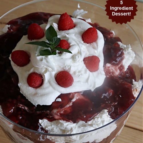 Raspberry Angel Trifle | Can't Stay Out of the Kitchen | this fantastic #RaspberryDessert will knock your socks off! It uses only 5 ingredients & can be whipped up in about 10 minutes. It's a festive, elegant Trifle #dessert that's excellent for #Christmas, #ValentinesDay, or other special occasions. Everyone will rave over it. #AngelFoodCake #CreamCheese #RaspberryPieFilling #RaspberryTrifleDessert #raspberries #RaspberryAngelTrifle