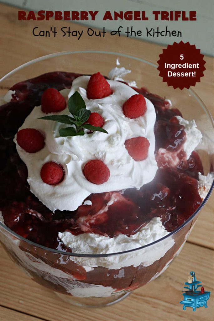 Raspberry Angel Trifle | Can't Stay Out of the Kitchen | this fantastic #RaspberryDessert will knock your socks off! It uses only 5 ingredients & can be whipped up in about 10 minutes. It's a festive, elegant Trifle #dessert that's excellent for #Christmas, #ValentinesDay, or other special occasions. Everyone will rave over it. #AngelFoodCake #CreamCheese #RaspberryPieFilling #RaspberryTrifleDessert #raspberries #RaspberryAngelTrifle