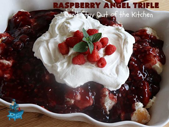 Raspberry Angel Trifle | Can't Stay Out of the Kitchen | this fantastic #RaspberryDessert will knock your socks off! It uses only 5 ingredients & can be whipped up in about 10 minutes. It's a festive, elegant Trifle #dessert that's excellent for #Christmas, #ValentinesDay, or other special occasions. Everyone will rave over it. #AngelFoodCake #CreamCheese #RaspberryPieFilling #RaspberryTrifleDessert #raspberries #RaspberryAngelTrifle