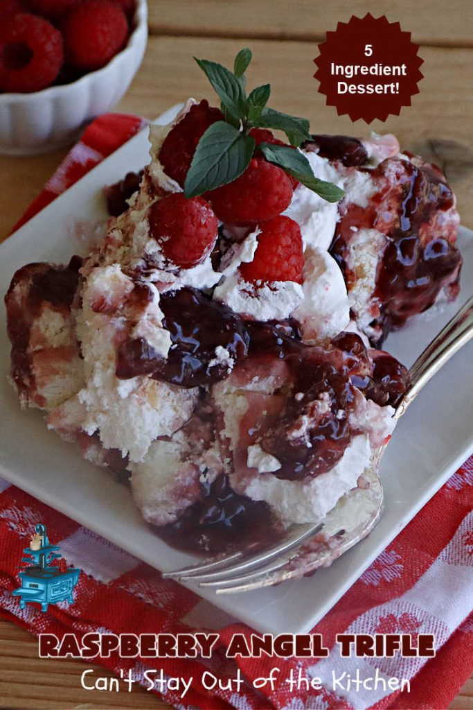 Raspberry Angel Trifle | Can't Stay Out of the Kitchen | this fantastic #RaspberryDessert will knock your socks off! It uses only 5 ingredients & can be whipped up in about 10 minutes. It's a festive, elegant Trifle #dessert that's excellent for #Christmas, #ValentinesDay, or other special occasions. Everyone will rave over it. #AngelFoodCake #CreamCheese #RaspberryPieFilling #RaspberryTrifleDessert #raspberries #RaspberryAngelTrifle