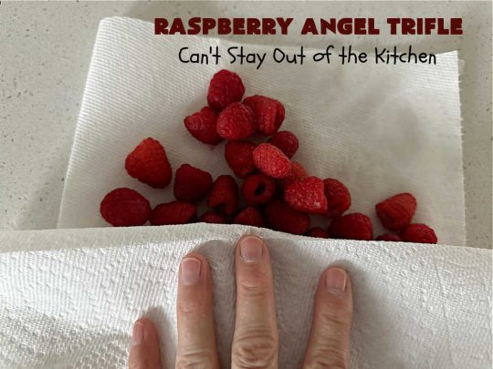 Raspberry Angel Trifle | Can't Stay Out of the Kitchen | this fantastic #RaspberryDessert will knock your socks off! It uses only 5 ingredients & can be whipped up in about 10 minutes. It's a festive, elegant Trifle #dessert that's excellent for #Christmas, #ValentinesDay, or other special occasions. Everyone will rave over it. #AngelFoodCake #CreamCheese #RaspberryPieFilling #RaspberryTrifleDessert #raspberries #RaspberryAngelTrifle