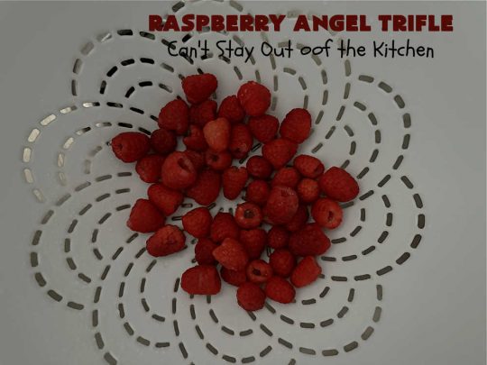 Raspberry Angel Trifle | Can't Stay Out of the Kitchen | this fantastic #RaspberryDessert will knock your socks off! It uses only 5 ingredients & can be whipped up in about 10 minutes. It's a festive, elegant Trifle #dessert that's excellent for #Christmas, #ValentinesDay, or other special occasions. Everyone will rave over it. #AngelFoodCake #CreamCheese #RaspberryPieFilling #RaspberryTrifleDessert #raspberries #RaspberryAngelTrifle