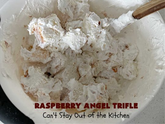 Raspberry Angel Trifle | Can't Stay Out of the Kitchen | this fantastic #RaspberryDessert will knock your socks off! It uses only 5 ingredients & can be whipped up in about 10 minutes. It's a festive, elegant Trifle #dessert that's excellent for #Christmas, #ValentinesDay, or other special occasions. Everyone will rave over it. #AngelFoodCake #CreamCheese #RaspberryPieFilling #RaspberryTrifleDessert #raspberries #RaspberryAngelTrifle