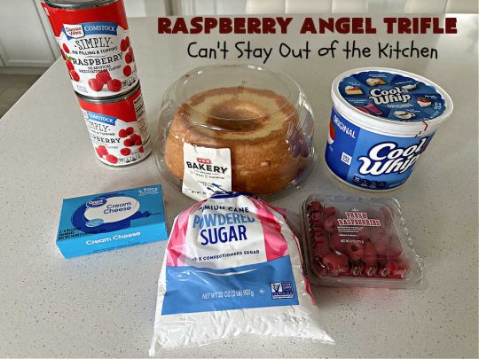 Raspberry Angel Trifle | Can't Stay Out of the Kitchen | this fantastic #RaspberryDessert will knock your socks off! It uses only 5 ingredients & can be whipped up in about 10 minutes. It's a festive, elegant Trifle #dessert that's excellent for #Christmas, #ValentinesDay, or other special occasions. Everyone will rave over it. #AngelFoodCake #CreamCheese #RaspberryPieFilling #RaspberryTrifleDessert #raspberries #RaspberryAngelTrifle