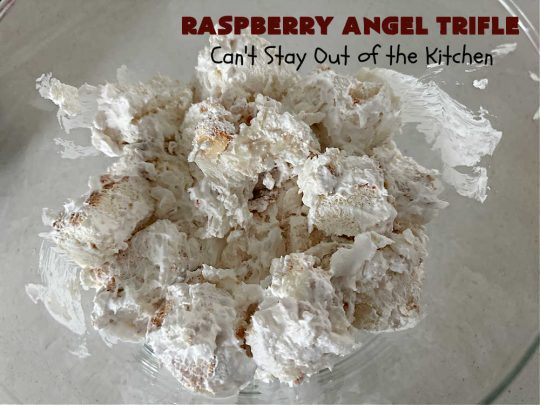 Raspberry Angel Trifle | Can't Stay Out of the Kitchen | this fantastic #RaspberryDessert will knock your socks off! It uses only 5 ingredients & can be whipped up in about 10 minutes. It's a festive, elegant Trifle #dessert that's excellent for #Christmas, #ValentinesDay, or other special occasions. Everyone will rave over it. #AngelFoodCake #CreamCheese #RaspberryPieFilling #RaspberryTrifleDessert #raspberries #RaspberryAngelTrifle