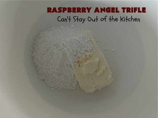 Raspberry Angel Trifle | Can't Stay Out of the Kitchen | this fantastic #RaspberryDessert will knock your socks off! It uses only 5 ingredients & can be whipped up in about 10 minutes. It's a festive, elegant Trifle #dessert that's excellent for #Christmas, #ValentinesDay, or other special occasions. Everyone will rave over it. #AngelFoodCake #CreamCheese #RaspberryPieFilling #RaspberryTrifleDessert #raspberries #RaspberryAngelTrifle