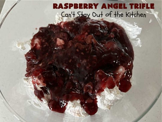 Raspberry Angel Trifle | Can't Stay Out of the Kitchen | this fantastic #RaspberryDessert will knock your socks off! It uses only 5 ingredients & can be whipped up in about 10 minutes. It's a festive, elegant Trifle #dessert that's excellent for #Christmas, #ValentinesDay, or other special occasions. Everyone will rave over it. #AngelFoodCake #CreamCheese #RaspberryPieFilling #RaspberryTrifleDessert #raspberries #RaspberryAngelTrifle