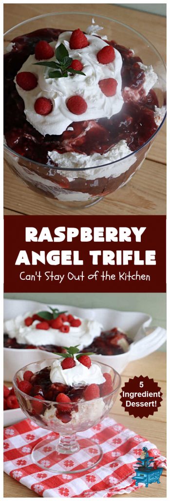 Raspberry Angel Trifle | Can't Stay Out of the Kitchen | this fantastic #RaspberryDessert will knock your socks off! It uses only 5 ingredients & can be whipped up in about 10 minutes. It's a festive, elegant Trifle #dessert that's excellent for #Christmas, #ValentinesDay, or other special occasions. Everyone will rave over it. #AngelFoodCake #CreamCheese #RaspberryPieFilling #RaspberryTrifleDessert #raspberries #RaspberryAngelTrifle