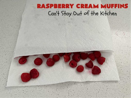 Raspberry Cream Muffins | Can't Stay Out of the Kitchen | these delectable #muffins are moist from using #SourCream in the batter. #Raspberries make them utterly delightful. Marvelous for a weekend, company or #holiday #breakfast. #HolidayBreakfast #RaspberryCreamMuffins