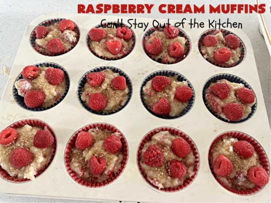 Raspberry Cream Muffins | Can't Stay Out of the Kitchen | these delectable #muffins are moist from using #SourCream in the batter. #Raspberries make them utterly delightful. Marvelous for a weekend, company or #holiday #breakfast. #HolidayBreakfast #RaspberryCreamMuffins