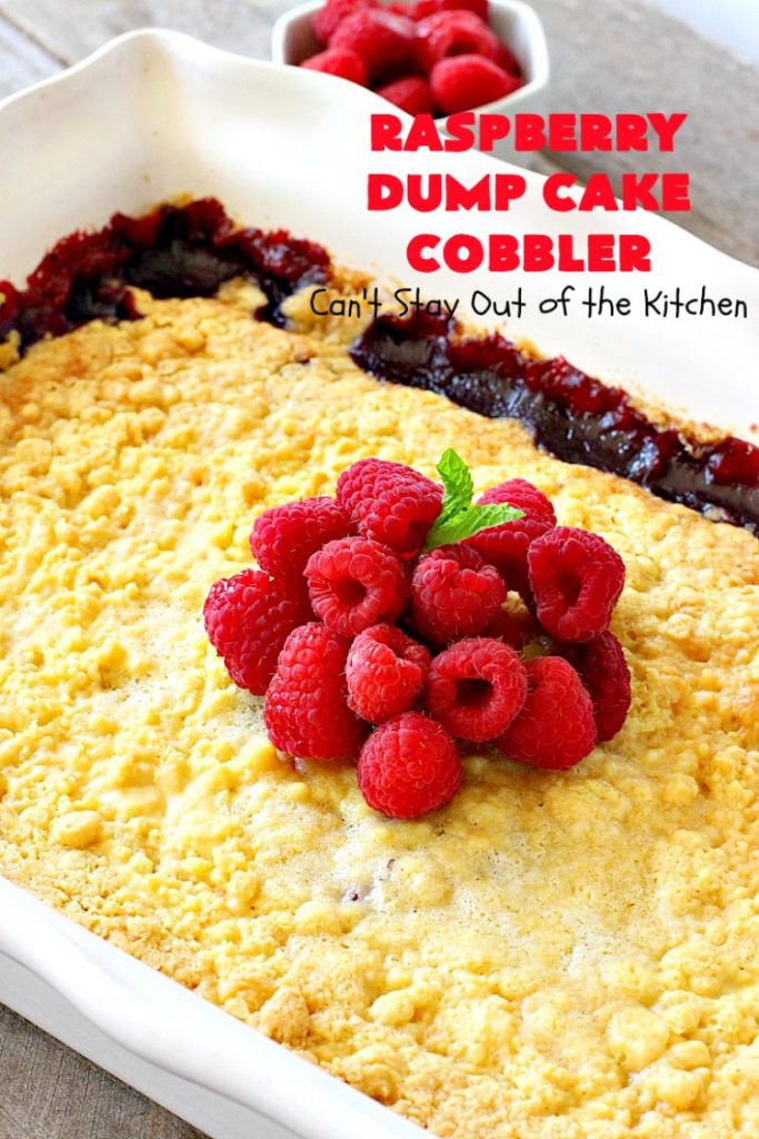 Raspberry Dump Cake Cobbler | Can't Stay Out of the Kitchen | this amazing #dumpcake uses #raspberry pie filling, #coconut & #almonds. It's the perfect treat for company, #holiday baking or potlucks. #dessert #cobbler